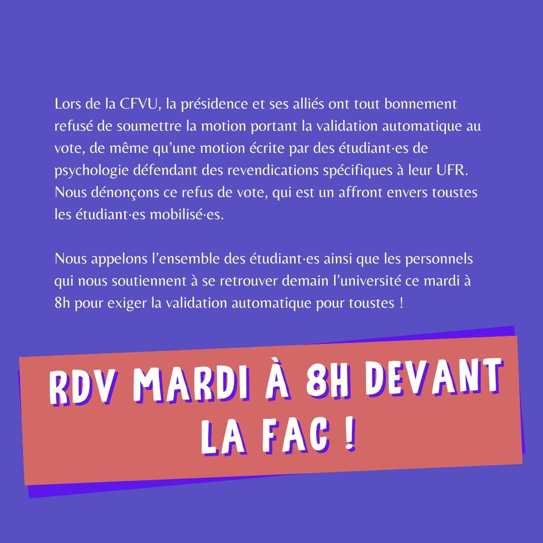 La CFVU refuse de soumettre au vote la validation automatique, un affront envers toustes les étudiant·es mobilisé·es ! RDV demain à 8h devant la fac ✊