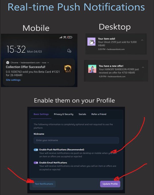 SentX_io's tweet photo. 📲 Have you tried our Real Time Push Notifications yet?
💬Enable them from your profile settings page and you will get notifications directly to your deivce, even when you're not on the website!
#HederaNFTs #HBARbarians #HBARNFT https://t.co/NF2Ps8CNNV