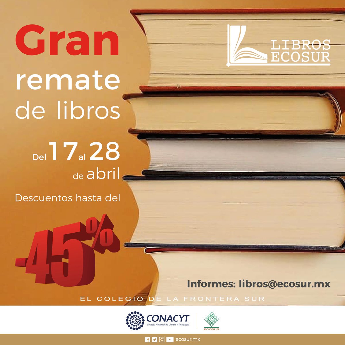 ecosurmx's tweet photo. 𝐆𝐫𝐚𝐧 𝐫𝐞𝐦𝐚𝐭𝐞 𝐝𝐞 𝐋𝐢𝐛𝐫𝐨𝐬 𝐄𝐂𝐎𝐒𝐔𝐑!

Del 17 al 28 de abril.

Solicita el catálogo a libros@ecosur.mx
𝘿𝙀𝙎𝘾𝙐𝙀𝙉𝙏𝙊𝙎 𝙃𝘼𝙎𝙏𝘼 𝘿𝙀𝙇 45%

✅ Para más información contacta a Óscar Chow al teléfono 967 67 4 90 00 ext. 1792 o al correo: ochow@ecosur.mx https://t.co/IbVAOLnyUo