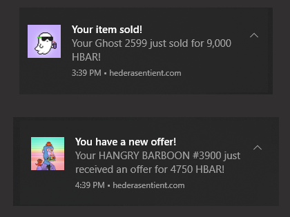SentX_io's tweet photo. 📲 Have you tried our Real Time Push Notifications yet?
💬Enable them from your profile settings page and you will get notifications directly to your deivce, even when you're not on the website!
#HederaNFTs #HBARbarians #HBARNFT https://t.co/NF2Ps8CNNV