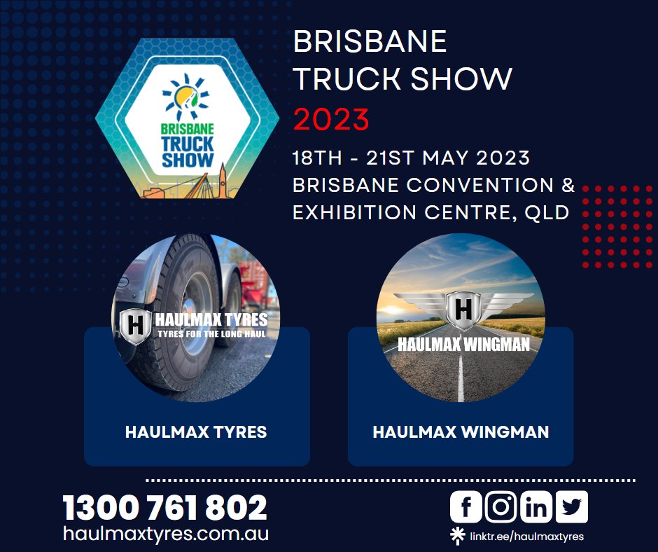 HaulmaxTyres's tweet photo. All roads lead to Brisbane, and the countdown is now on. With just one month to go, we are excited to see you all at the @bristruckshow. 

The team from @TyreTradersAU will be there representing @HaulmaxTyres and Haulmax Wingman. Come and speak to us  at stand 204. https://t.co/7sMqjz1evp