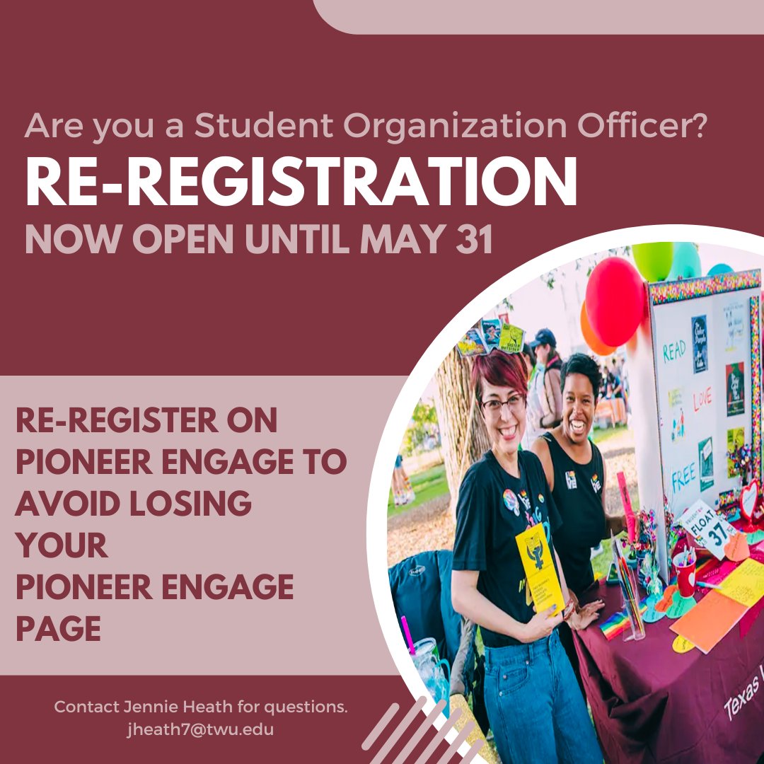 twucsd's tweet photo. 📢 A reminder that all registered student organizations (registered and sponsored) must annually complete re-registration to remain in good standing with the Center for Student Development and TWU. Go to the Pioneer Engage page and click the blue button that says registration! https://t.co/HgPOn7pK41