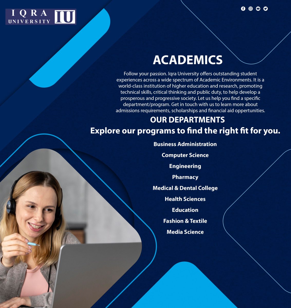 MuhammadSaimK12's tweet photo. Explore The Departments to find the right for you at @IqraUniversity.
#Iqra_University #Academics #BBA #BS #Media_Sciences #Computer_Science #University_Life https://t.co/lpvjINuKoA