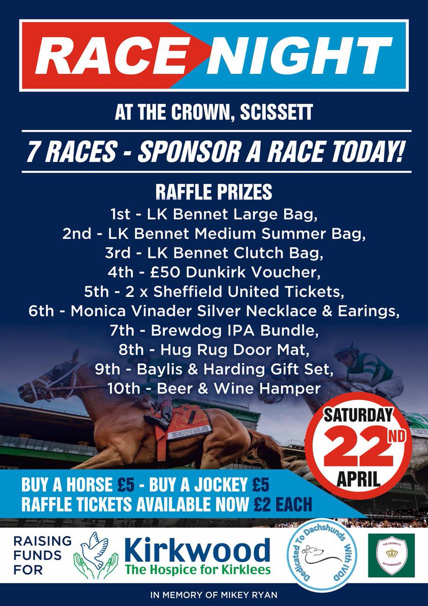 If you’re stuck for something to do this Saturday night, we’re hosting a race night down at The Crown, Scissett, some great prizes on offer in the raffle too, followed by karaoke and a disco…it’ll be a great night that’s for sure, so get ya sen down, everyone’s welcome! 🐎💰🍻
