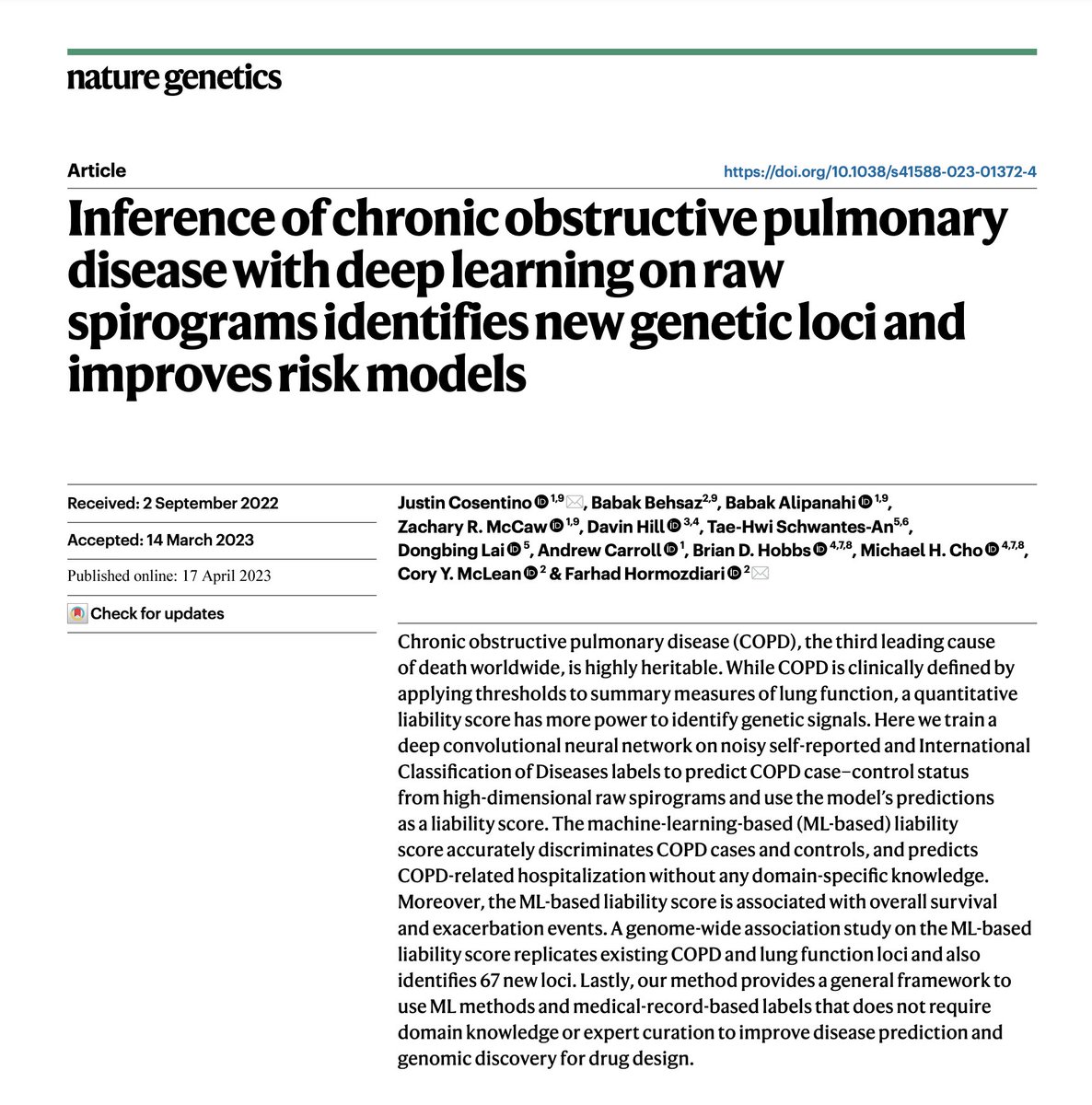 Justin Cosentino (@cosentiyes) on Twitter photo Our recent <a href="/GoogleHealth/">Google Health</a> AI Genomics work showing that deep learning approaches identify new genetic loci and improve risk models for chronic obstructive pulmonary disease (COPD) was published today in <a href="/NatureGenet/">Nature Genetics</a> !
Paper: rdcu.be/c96zx
Code: github.com/Google-Health/… Our recent <a href="/GoogleHealth/">Google Health</a> AI Genomics work showing that deep learning approaches identify new genetic loci and improve risk models for chronic obstructive pulmonary disease (COPD) was published today in <a href="/NatureGenet/">Nature Genetics</a> !
Paper: rdcu.be/c96zx
Code: github.com/Google-Health/…