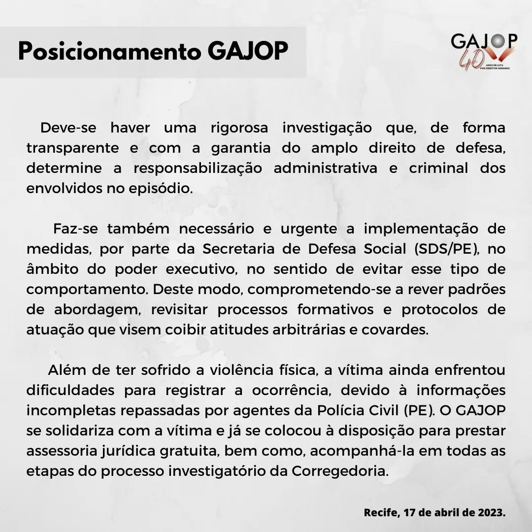 GAJOP_ONG's tweet photo. ‼️ Posicionamento #GAJOP:
•• A violência machista de agentes do Estado, em Pernambuco.
>> Machistas não passarão. ✊🏿
#ViolênciaPolicialPE https://t.co/FOOCGbsaeA