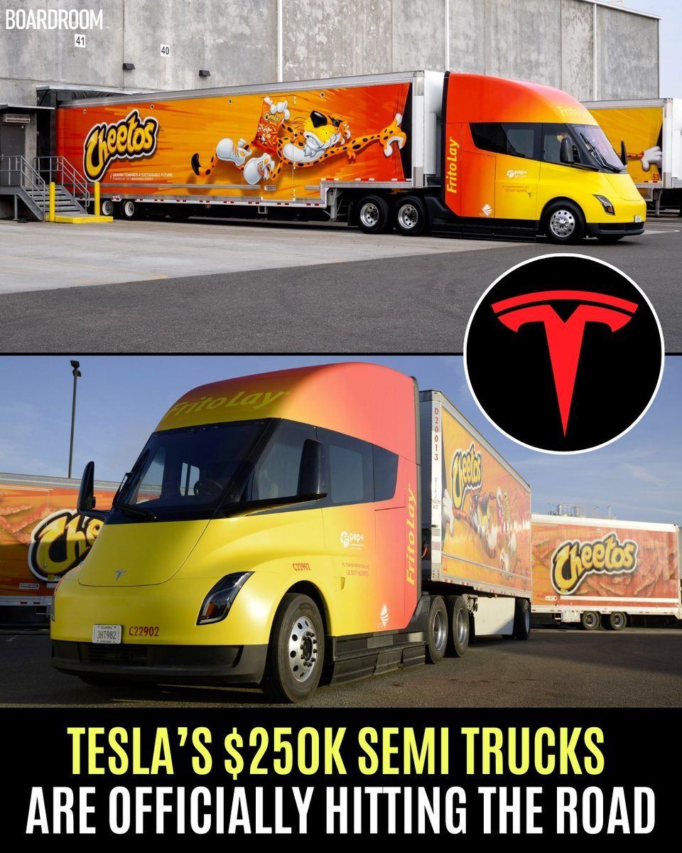boardroom's tweet photo. Tesla's new electric truck is finally here — with PepsiCo being the first customer to receive some of the 100 vehicles it pre-ordered.⁠
⁠
First announced by @elonmusk in 2017, the Tesla Semi has been one of the longest-delayed products in the company's history.⁠
⁠
(via @cnbc) https://t.co/Qpeo57AG1t
