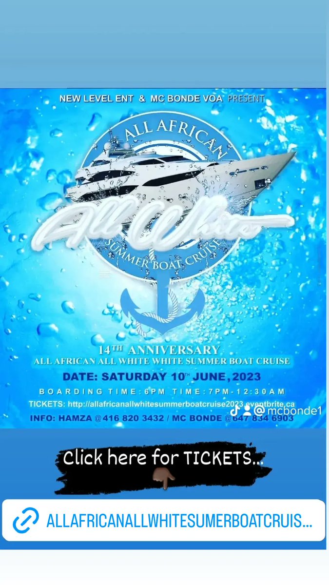 MCBonde1's tweet image. #13DaysLeft for #Earlybird tickets at $64.99

#GetYourTicketsNow #GetYourTicketsASAP 

Tickets will be $74.99 as of May 1st

The 14th annual #AllAfricanAllWhiteSummerBoatCruise is on June 10th aboard @EmpressofCanada 

For physical tickets, call/text: 
Bonde: 647-834-6903