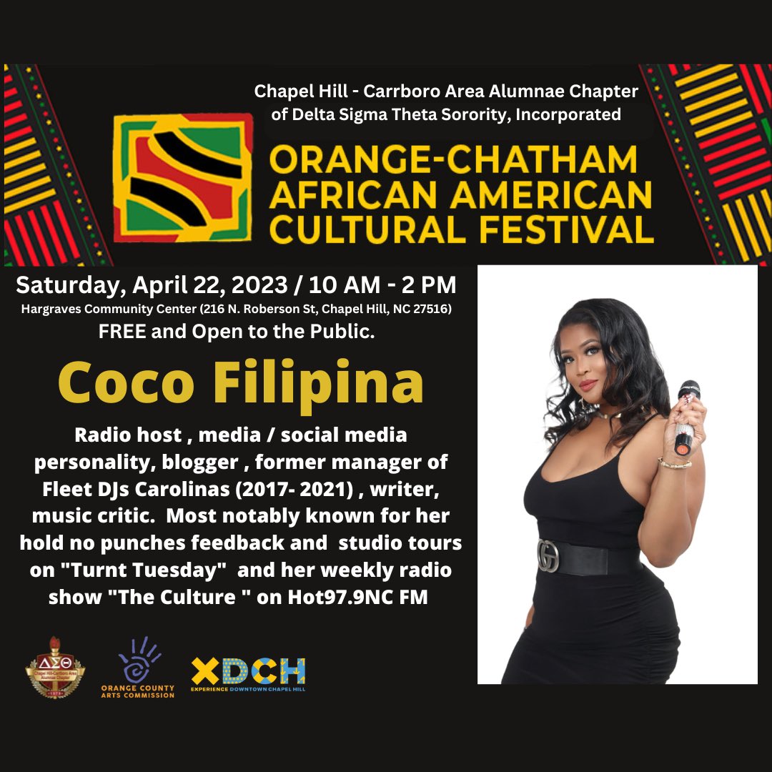 CHCAA1979's tweet photo. We have a great event planned for YOU this weekend! The Orange-Chatham African American Cultural Festival is packed full of great entertainment for the whole family! Check out our MC &amp; DJ for the day! https://t.co/hSs6Qo8DEk
