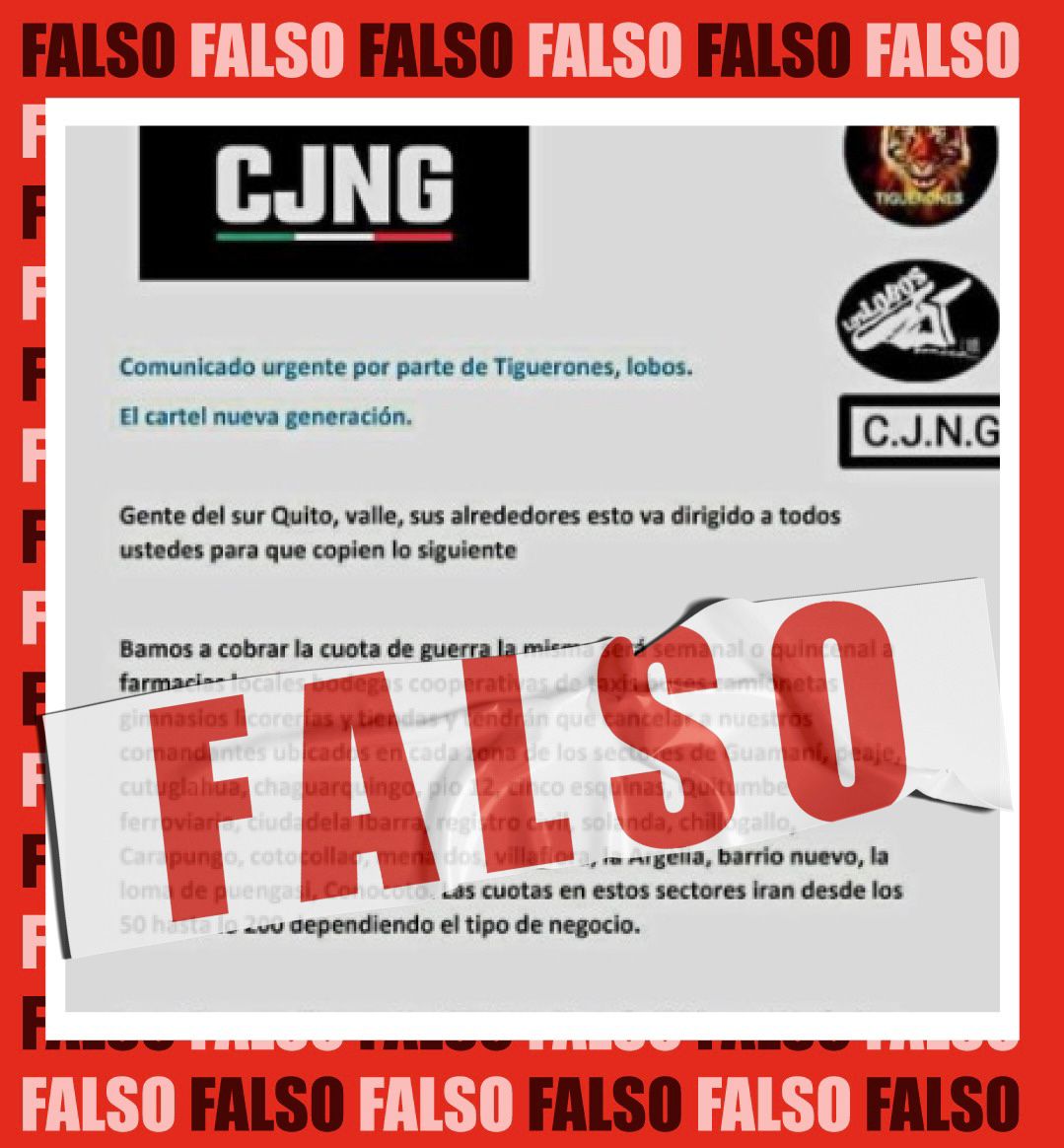 ComunicacionEc's tweet image. Circula en redes sociales información sobre supuestas amenazas, de una organización delictiva, dirigida a ciudadanos que viven en Quito. Esto es falso. 

Solicitamos a la ciudadanía informarse por medio de fuentes oficiales.