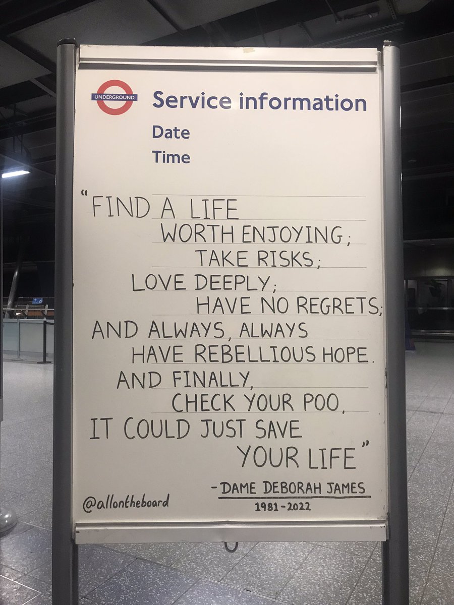 “Find a life worth enjoying; take risks; love deeply; have no regrets; and always, always have rebellious hope. And finally, check your poo, it could just save your life”
- Dame Deborah James (1981-2022)

#DeborahJames #Bowelbabe #DameDeborahJames @bowelbabe #RebelliousHope