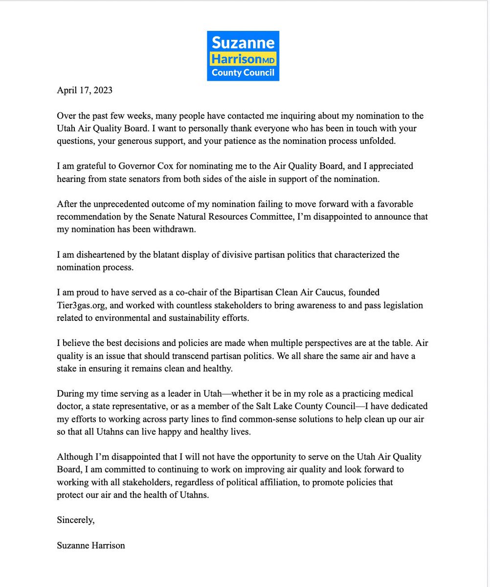 Statement on Utah Air Quality Board Nomination 

Many people have contacted me inquiring about my nomination to the Utah Air Quality Board. I want to thank everyone who has been in touch w questions, generous support, &amp; patience as the nomination process unfolded. #Utpol 

1/