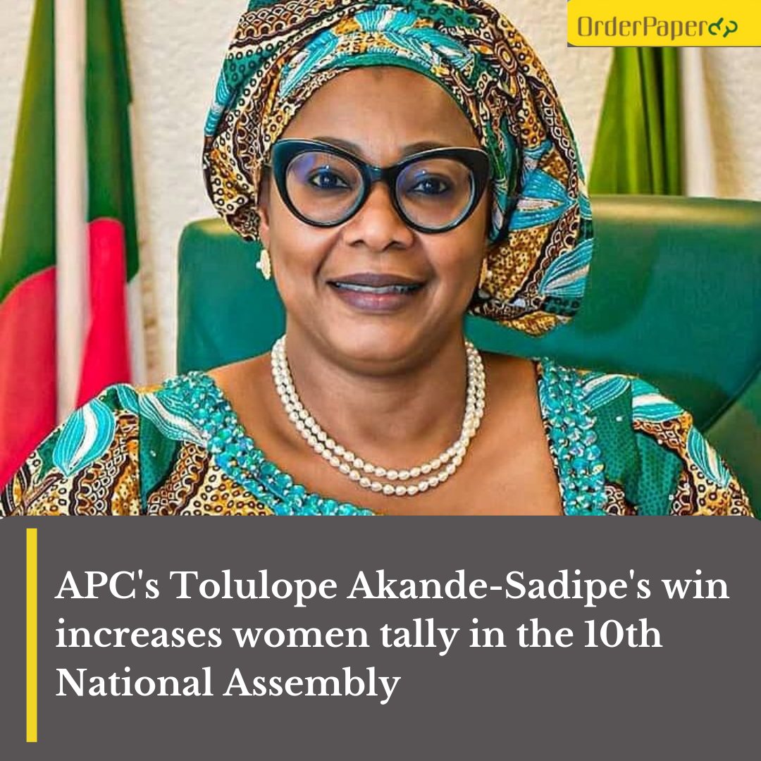 OrderPaper's tweet photo. Following the April 15 Supplementary Elections, the win of two more female candidates bolstered women’s representation in the 10th @NASSNigeria. 

Rep. Tolulope Akande-Sadipe @ToluSadipe (APC, Oyo State) has secured a return ticket to represent Oluyole Federal Constituency. https://t.co/at18Cc9GqE