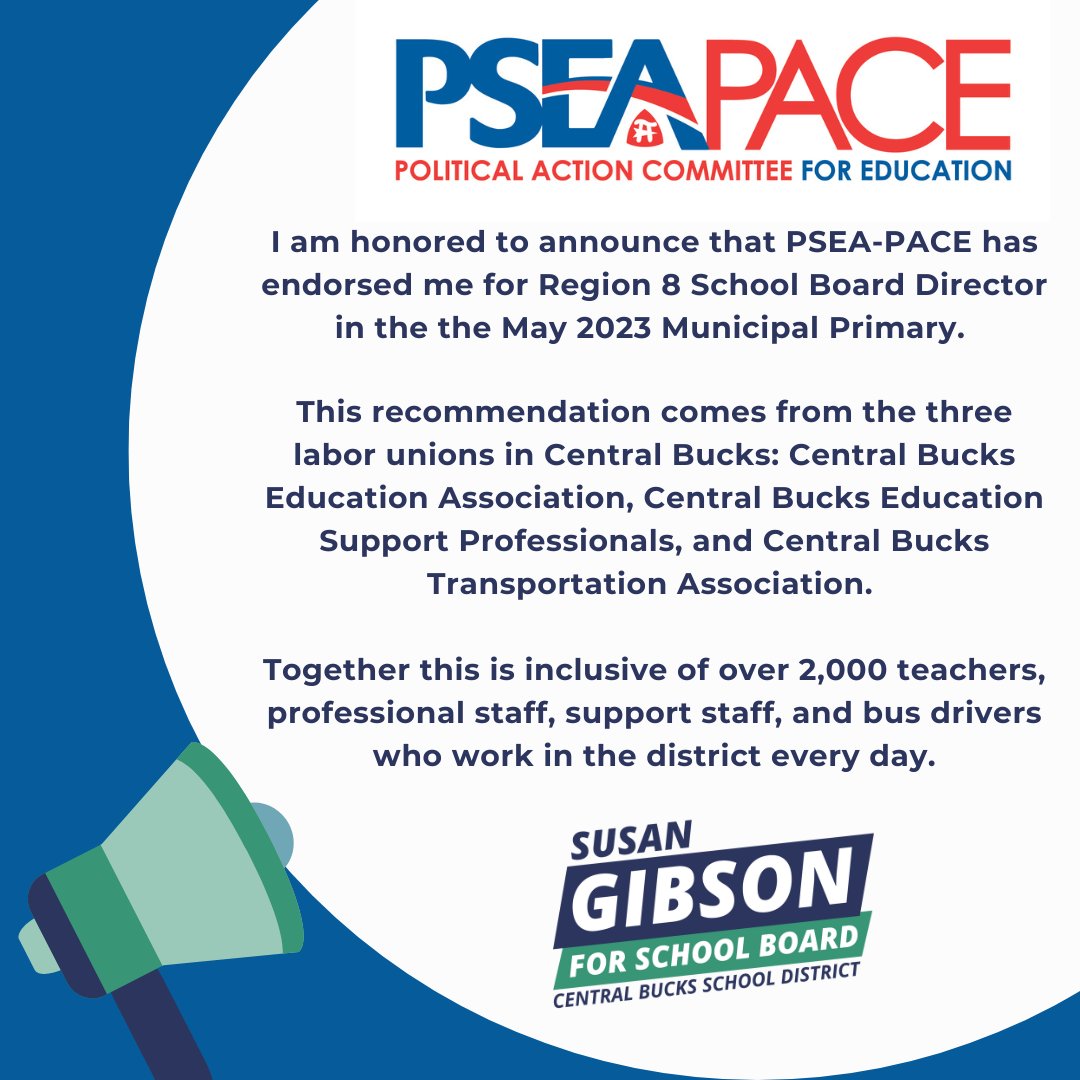 I am proud to have the endorsement of PSEA-PACE, representing so many hardworking teachers and staff in our district.