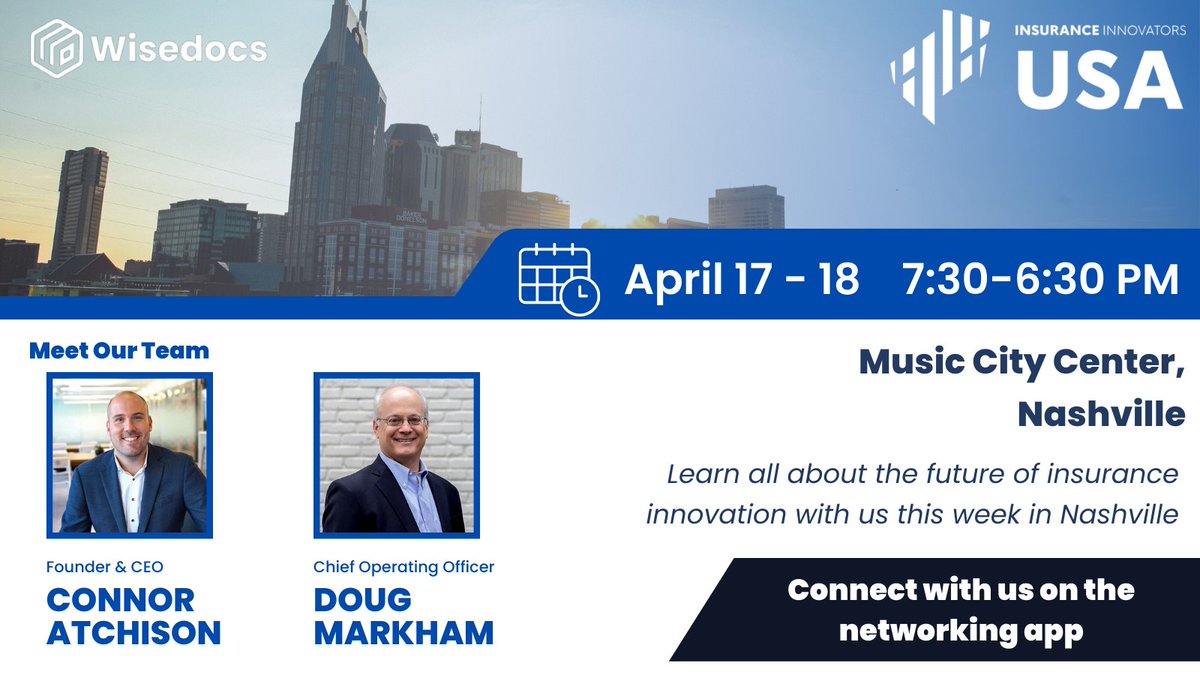 We're kicking off day 2 at @Insurance_Innov USA! Don’t miss out on any networking opportunities with the Wisedocs team while you’re here in Nashville! Founder and CEO, @ConnorAtchison_, and COO, Doug Markham, are on the floor and open to meet! 🤝
#IIUSA23 #networking #insurtech