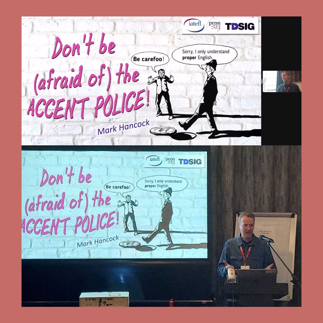 PronSIG's tweet photo. Mark Hancock questioned the widespread belief that having a non-standard accent disqualifies you at #PCE2023!
Mark is an ELT professional whose books include Pronunciation Games and the PronPack collection✍🏽📖
#IATEFL #PronSIG #TDSIG #IATEFL2023 #ELT https://t.co/VQ8amIc97f