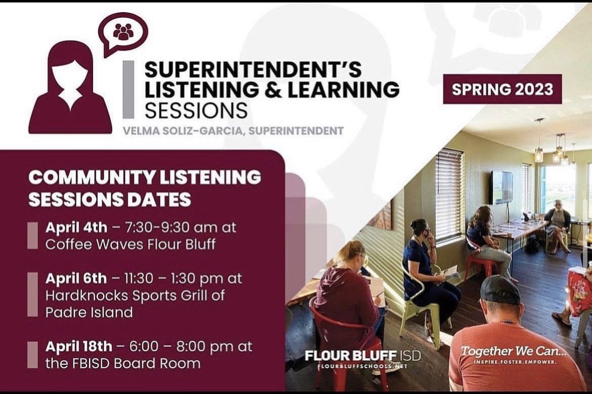 Join us for our final Community Listening &amp; Learning Session happening tomorrow at 6:00 pm at the Flour Bluff ISD board room! 

We invite our parents and community members to come and learn about all of the great things happening here in Hornet Country.