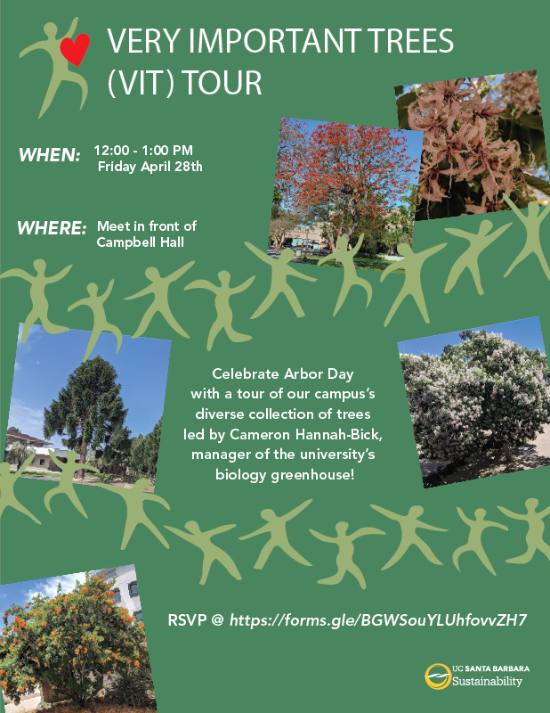 UCSBSustainable's tweet photo. Celebrate Arbor Day with a tour of our campus’s diverse collection of trees led by Cameron Hannah-Bick, manager of the university's biology greenhouse!  Meet in front of Campbell Hall. Fri, April 28, 12-1 pm. https://t.co/VudbC2dDSe