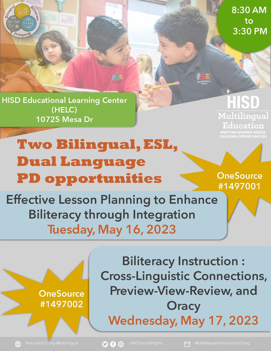 The 🔚 end of the school year is getting close, but in the @HISDMultiPrgms we don't stop offering opportunities for teachers to improve their practices. Check out these 2⃣PD offerings 👇 Register in OneSource now‼️ <a href="/HoustonISD/">Houston ISD</a>