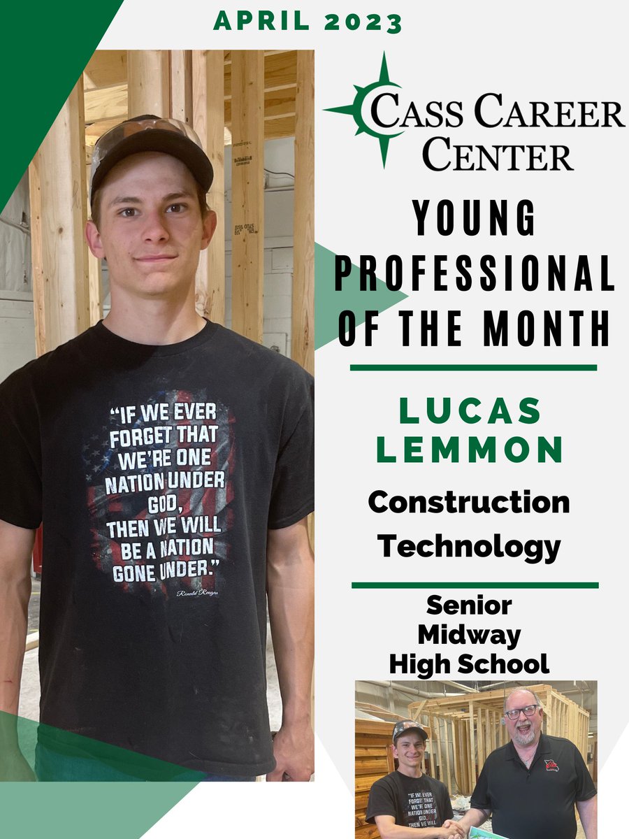 Congrats to Lucas Lemmon, CCC's senior Young Professional of the Month for April! Lucas is from Midway High School and is an active member of our Construction Technology Program as well as SkillsUSA.  Sponsored by the Rotary Club of Harrisonville.
