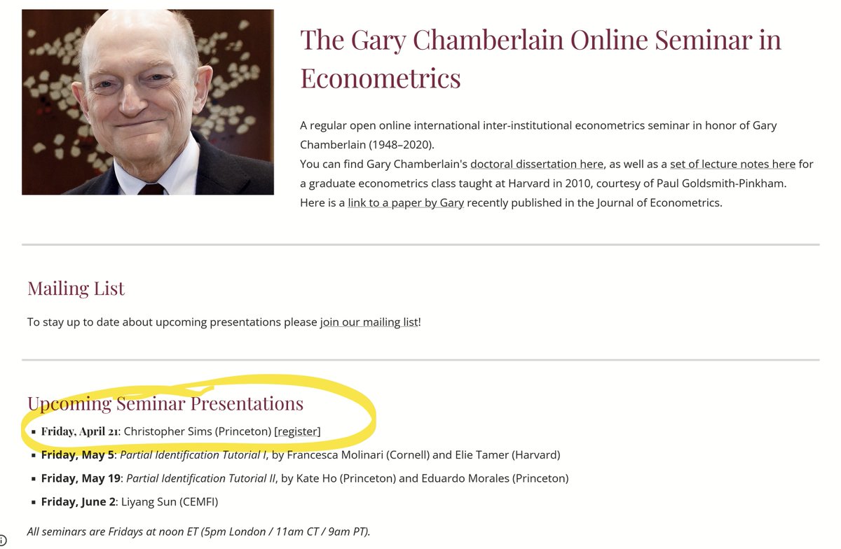 Giuseppe Cavaliere (@cavalieregiu) on Twitter photo Hi #EconTwitter!
Don't miss the next Chamberlain seminar (April 21st), with 𝐂𝐡𝐫𝐢𝐬 𝐒𝐢𝐦𝐬' (@princeton) talking about "𝐬𝐡𝐚𝐫𝐩 #Econometrics vs "𝐡𝐚𝐫𝐦𝐥𝐞𝐬𝐬 #econometrics"!
Panelists: <a href="/instrumenthull/">Peter Hull</a>, Frank Schorfheide, Chris Taber.
Expect a lot of fun! Hi #EconTwitter!
Don't miss the next Chamberlain seminar (April 21st), with 𝐂𝐡𝐫𝐢𝐬 𝐒𝐢𝐦𝐬' (@princeton) talking about "𝐬𝐡𝐚𝐫𝐩 #Econometrics vs "𝐡𝐚𝐫𝐦𝐥𝐞𝐬𝐬 #econometrics"!
Panelists: <a href="/instrumenthull/">Peter Hull</a>, Frank Schorfheide, Chris Taber.
Expect a lot of fun!