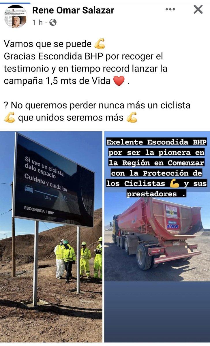 Gracias a <a href="/MineraEscondida/">Minera Escondida</a>.

Lastima por las autoridades locales <a href="/MOPAntofagasta/">MOP Antofagasta</a> <a href="/MTTAntofagasta/">SeremiTT Región de Antofagasta</a> y <a href="/AntofagastaMuni/">Municipalidad de Antofagasta</a> <a href="/jonathanplan9/">Jonathan Velásquez</a>  que hace años se solicito mayor señalizacion ciclista y no hubo respuesta. #antofagasta. ADEMAS EN 6 AÑOS NO HAN SIDO CAPAZ DE REPARAR UNA CICLOVIA.
