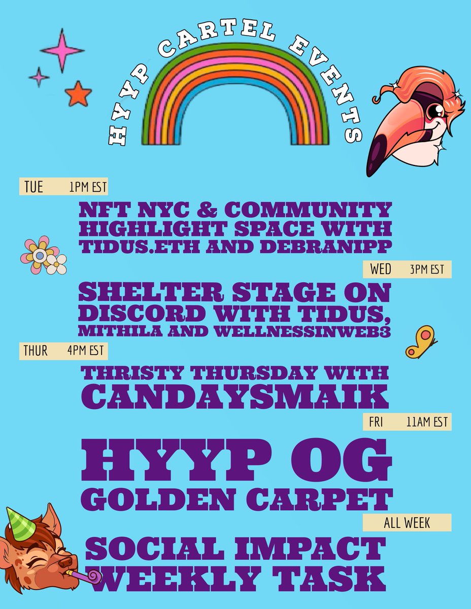 What an amazing monday and to bring those vibes to the week, here’s all the events we have planned! 🔥🔥
If you are curious about any of them or wish to know more about HYYP feel free to reach out on our DMs 🥰