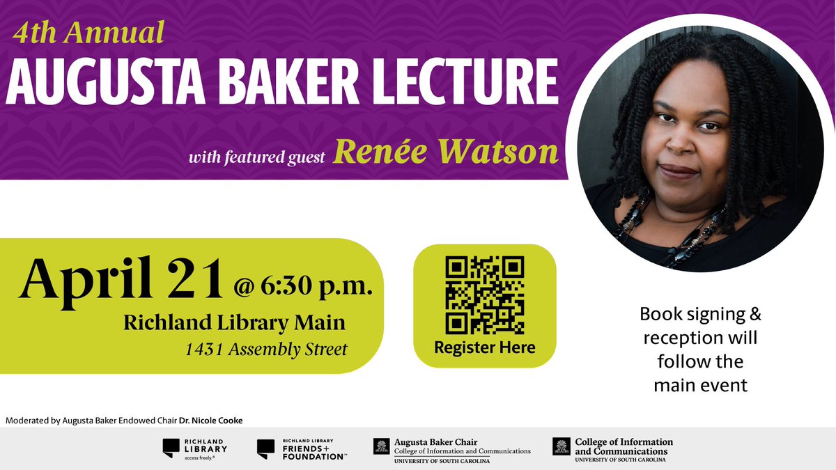 Don’t forget about the 4th annual Augusta Baker Lecture happening this week with Renée Watson! RSVP to attend in person or livestream the event: richlandlibrary.com/event/2023-04-…