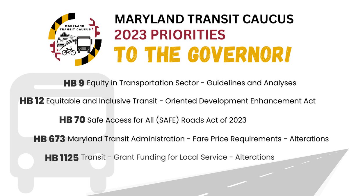 Safe, accessible, reliable, and affordable public transit should be a cornerstone of Maryland's transportation system. The Transit Caucus worked hard this session to further this goal; 5 out of 5 priority bills passed the General Assembly & are on the Governor's desk. #working4MD