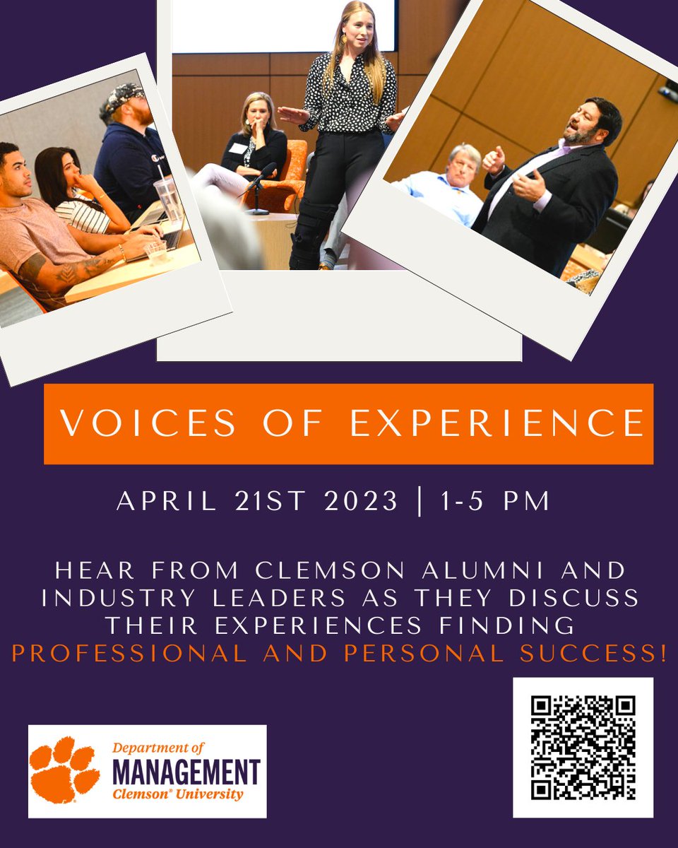 Voices of Experience is this Friday, April 21 from 1 to 5 pm. Join us in Phyfer Auditorium to hear from Clemson Alumni and Industry Leaders as they discuss their experiences finding professional and personal success. RSVP by April 18th at 12:00 pm: lnkd.in/gZwsEv9u