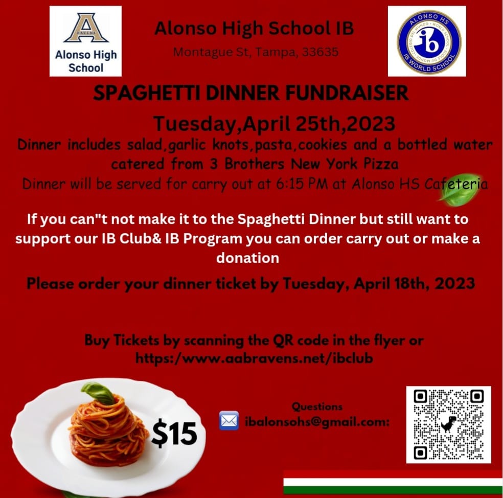 Our IB Spaghetti fundraiser with Three Brothers Pizza is now open to anyone who wants to help support Alonso's IB Program.
Order your food to be picked up at Alonso on Tues, April 25!