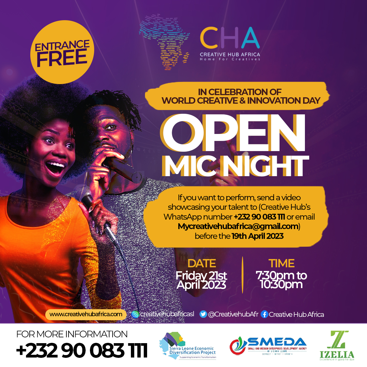 CreativehubAfr's tweet photo. In celebration of #WorldCreative &amp; #InnovationDay on April 21st, we are hosting an #openmic night to celebrate creatives &amp; innovators in #SierraLeone. See flier for how you can participate or simply show up &amp; enjoy the fun! 
#cha #creativehubafrica #creativehubafricasl  #creative https://t.co/cTnWKg6KJE