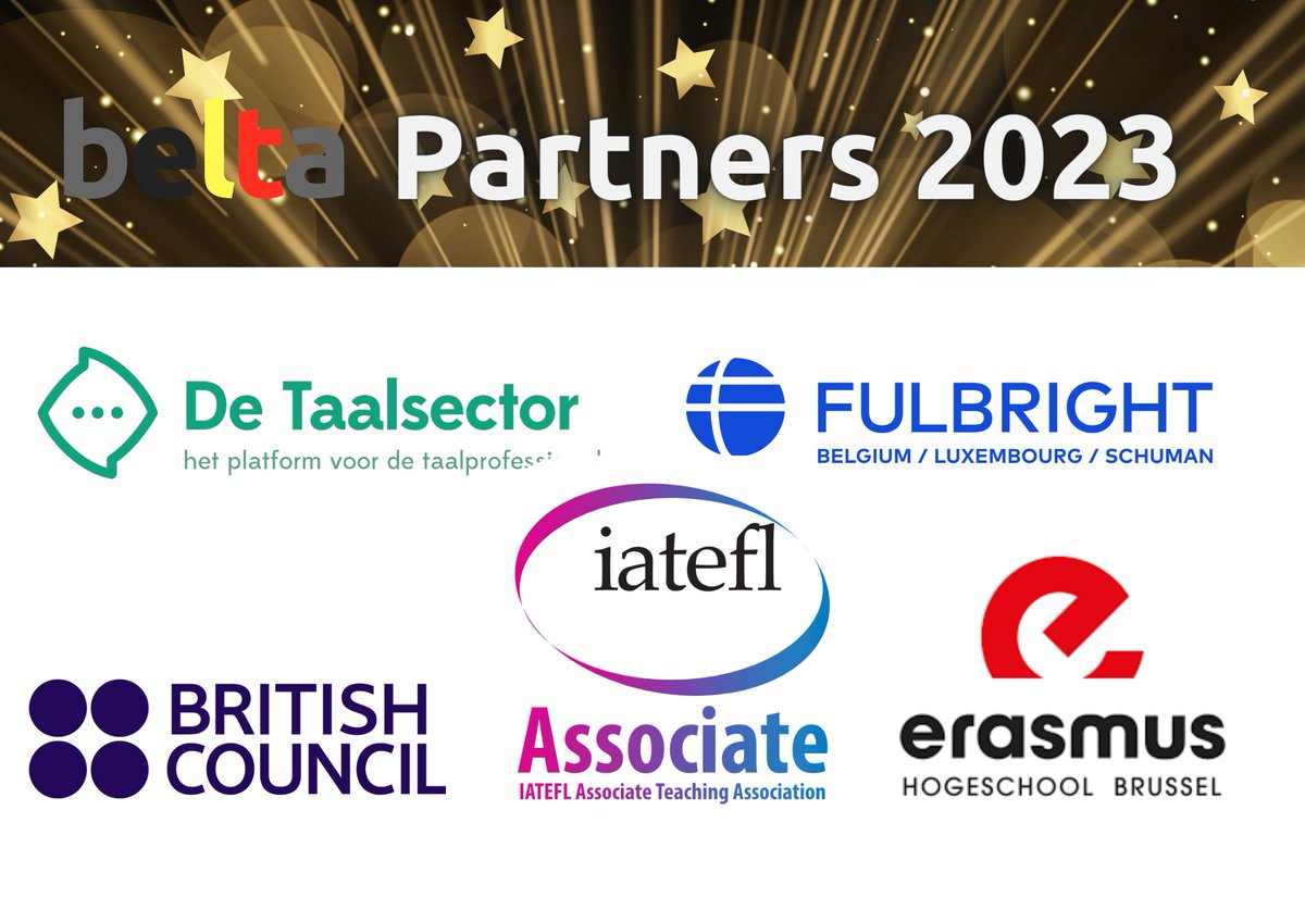 On Saturday we will be joined again by our loyal partners, most of whom have been present at EVERY BELTA Day in the last 10 years!
Thank you for your support and loyalty!
<a href="/DeTaalsector/">De Taalsector</a> <a href="/fulbrightBELUEU/">Fulbright Belgium | Luxembourg | Schuman</a> <a href="/be_British/">British Council Belgium</a>. Thank you also to our great host <a href="/ehbrussel/">ehbrussel</a>!