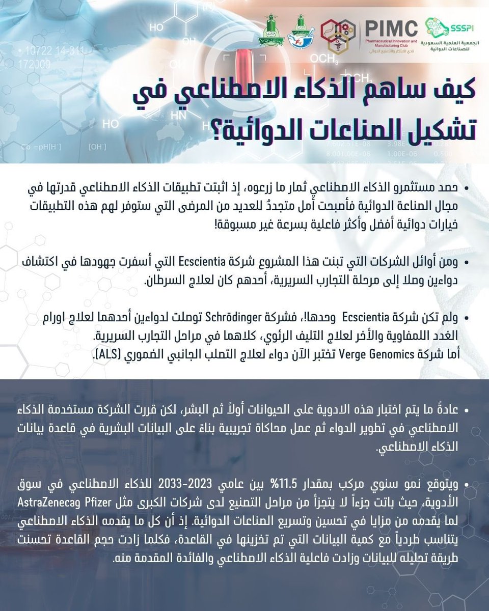 أصبح نطاق استخدام تطبيقات الذكاء الاصطناعي واسع عبر مختلف المجالات، بما في ذلك قطاع الصيدلة ومجال الصناعات الدوائية، إذ أن هذه التطبيقات قادرة على أن تسهل وتسرع عملية اكتشاف علاجات جديدة وفعالة. ولكن كيف أسهمت تطبيقات الذكاء الاصطناعي في تشكيل الصناعات الدوائية؟
