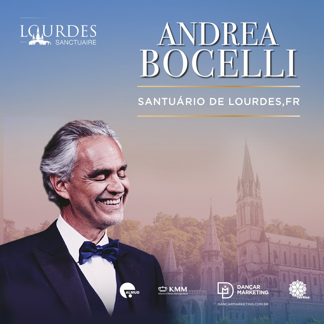 dancarmarketing's tweet photo. No dia 16 de julho, o tenor mais amado do mundo, Andrea Bocelli, se apresenta num dos locais mais sagrados para o Cristianismo, o Santuário de Nossa Senhora de Lourdes, na França
.
.
Realização: Dançar Marketing
#dmkt #dançarmarketing #andreabocelli #BocelliBrasil2024 https://t.co/sk79SlhxD6