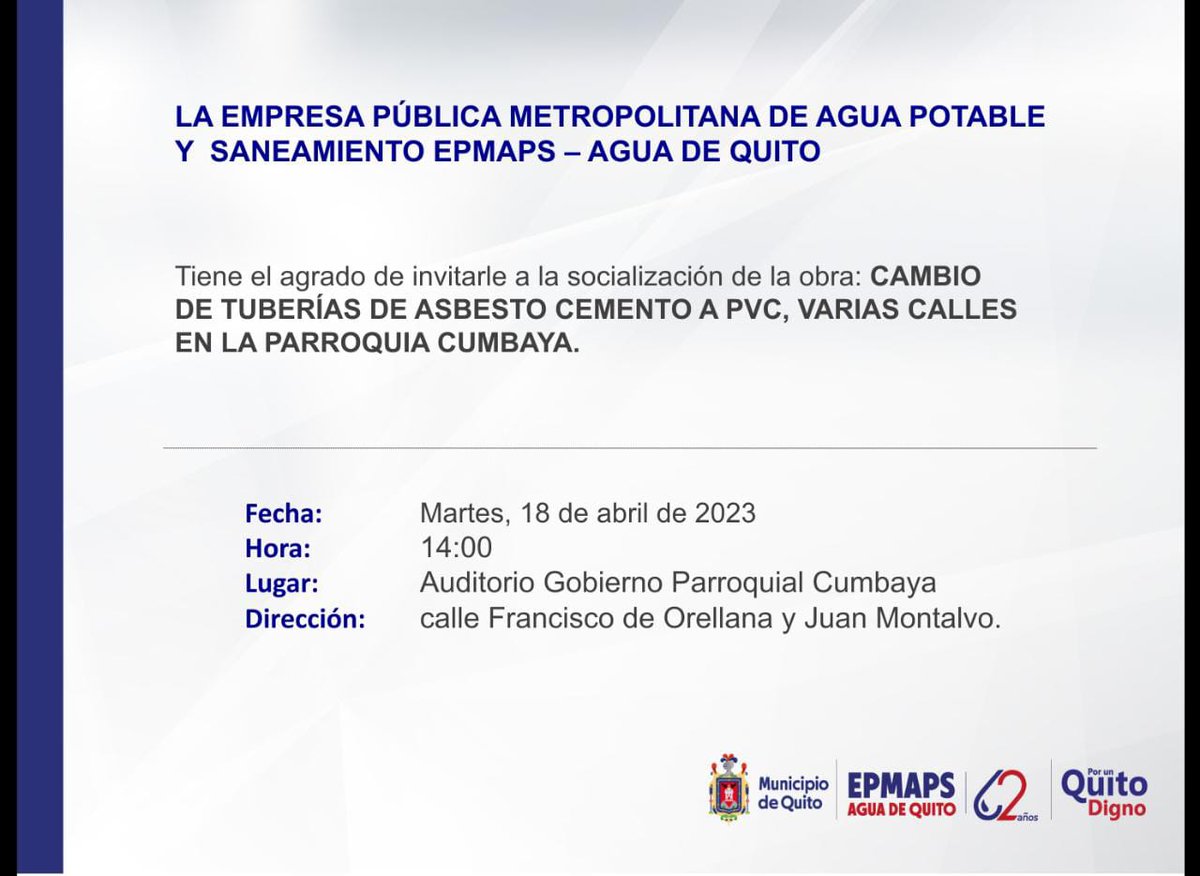 kindedigital's tweet photo. 🔴Invitamos todos los vecinos a la socialización de la obra: Cambio de tuberias de asbesto cemento a PVC en varias calles de Cumbayá.

Este martes, 18 de abril de 2023, 14h00 en el auditorio del GAD Parroquial Cumbayá.
..
#socializacion #tuberias #cumbaya https://t.co/eeyA1Gfn9l