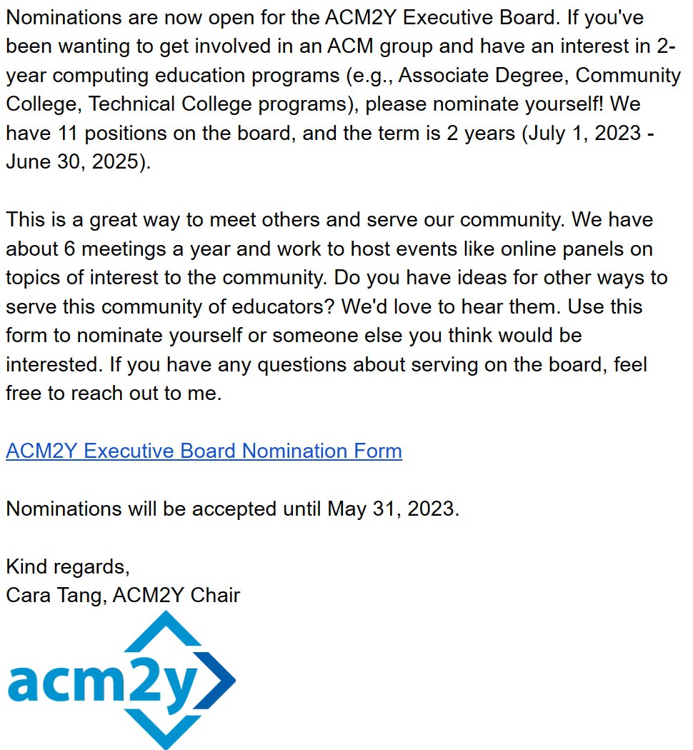 acm2yr's tweet image. Nominations are now open for the ACM2Y Executive Board...
ACM2Y Executive Board Nomination Form:
docs.google.com/forms/d/e/1FAI…
Nominations will be accepted until May 31, 2023.