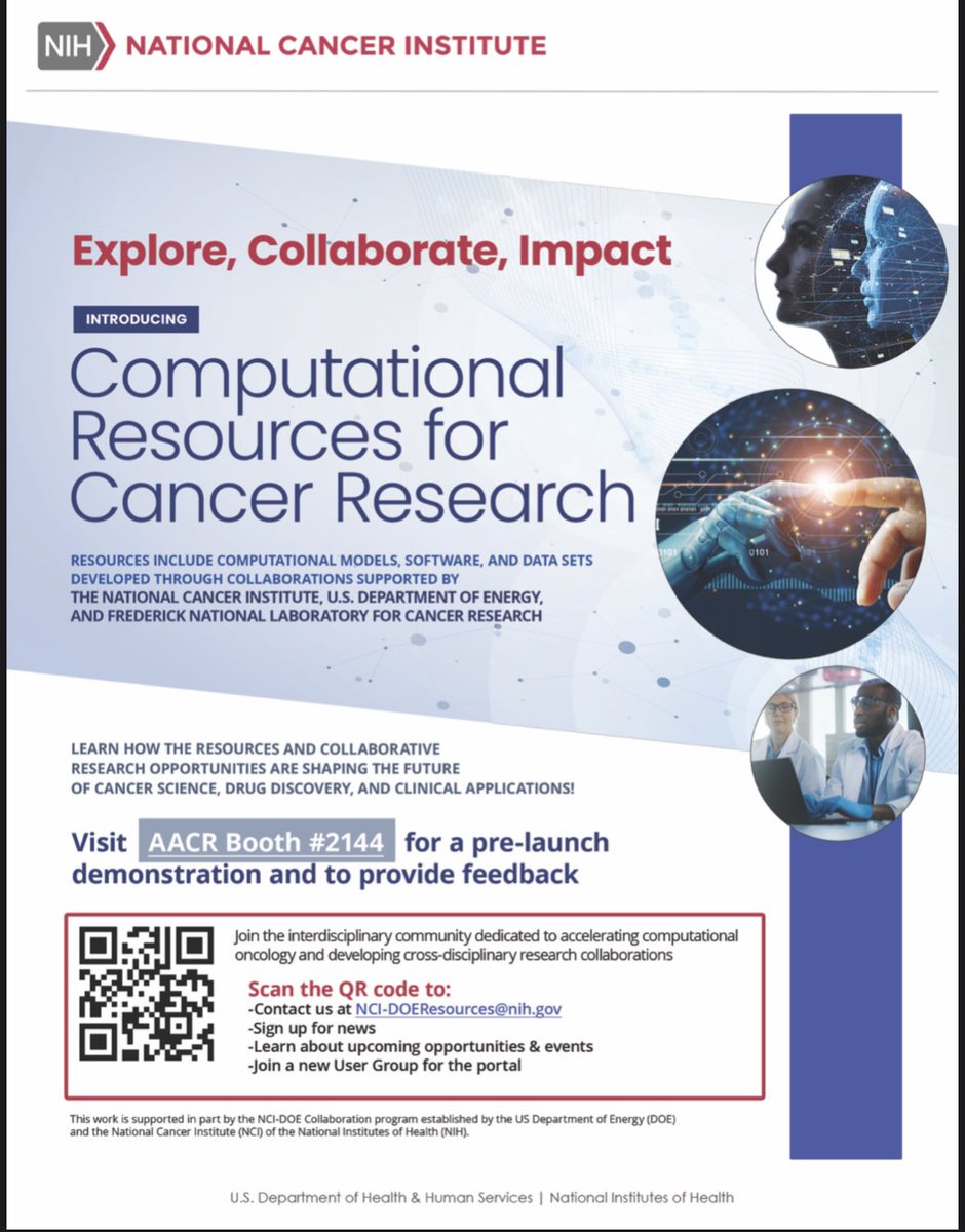 The NCI-DOE team is seeking feedback on the Computational Resources for Cancer Research portal. #AACR - stop by booth 2144 to help us out! Cancer researchers are the target audience - no AI experience necessary! @NCIDataSci @NCICancerStats @ORNLComputing #AACR