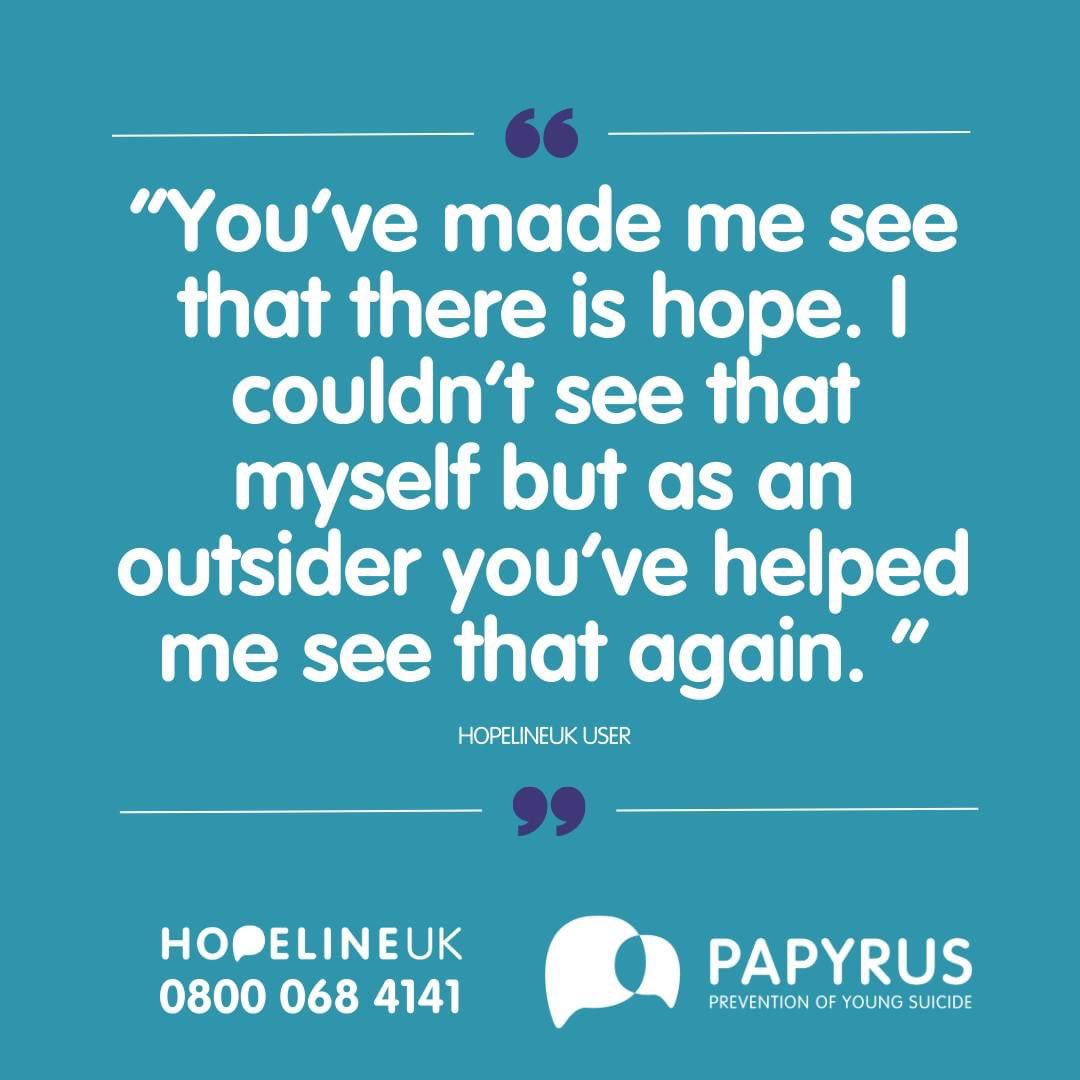 HOPELINEUK advisers are here for you if you are struggling with thoughts of suicide or are concerned that a young person you know may be.

Call 0800 068 4141, text 07860039967, or email pat@papyrus-uk.org for free and confidential support. 💜

#WeArePAPYRUS #HOPELINEUK