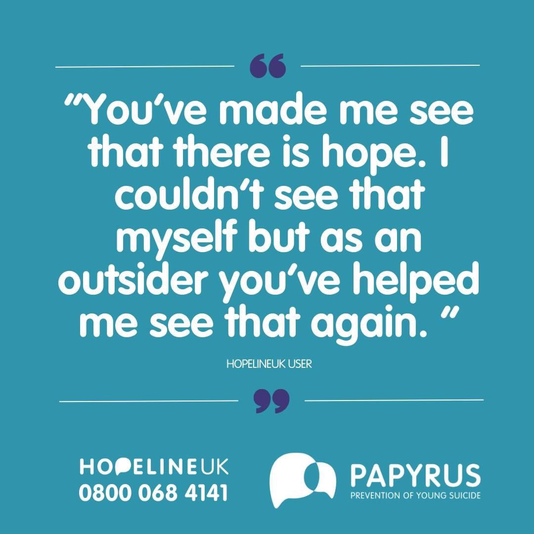 BiddulphHigh's tweet photo. HOPELINEUK advisers are here for you if you are struggling with thoughts of suicide or are concerned that a young person you know may be.
Call 0800 068 4141, text 07860039967, or email pat@papyrus-uk.org for free and confidential support. 💜
#WeArePAPYRUS #HOPELINEUK https://t.co/UhGRne1o4a