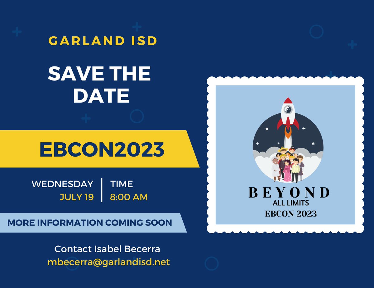 Isabel Becerra M.Ed (@isabelitabec) on Twitter photo 📢GISD📢 SAVE the DATE for #EBCON2023!!!
Be on the watch for more information for registration and presentation proposals. We have an AMAZING group of experts coming! You can join us too! <a href="/gisdnews/">Garland ISD</a> <a href="/GISD4EBs/">GISD Multilingual Programs</a> <a href="/GISD_PD/">GISD Professional Learning</a> 📢GISD📢 SAVE the DATE for #EBCON2023!!!
Be on the watch for more information for registration and presentation proposals. We have an AMAZING group of experts coming! You can join us too! <a href="/gisdnews/">Garland ISD</a> <a href="/GISD4EBs/">GISD Multilingual Programs</a> <a href="/GISD_PD/">GISD Professional Learning</a>