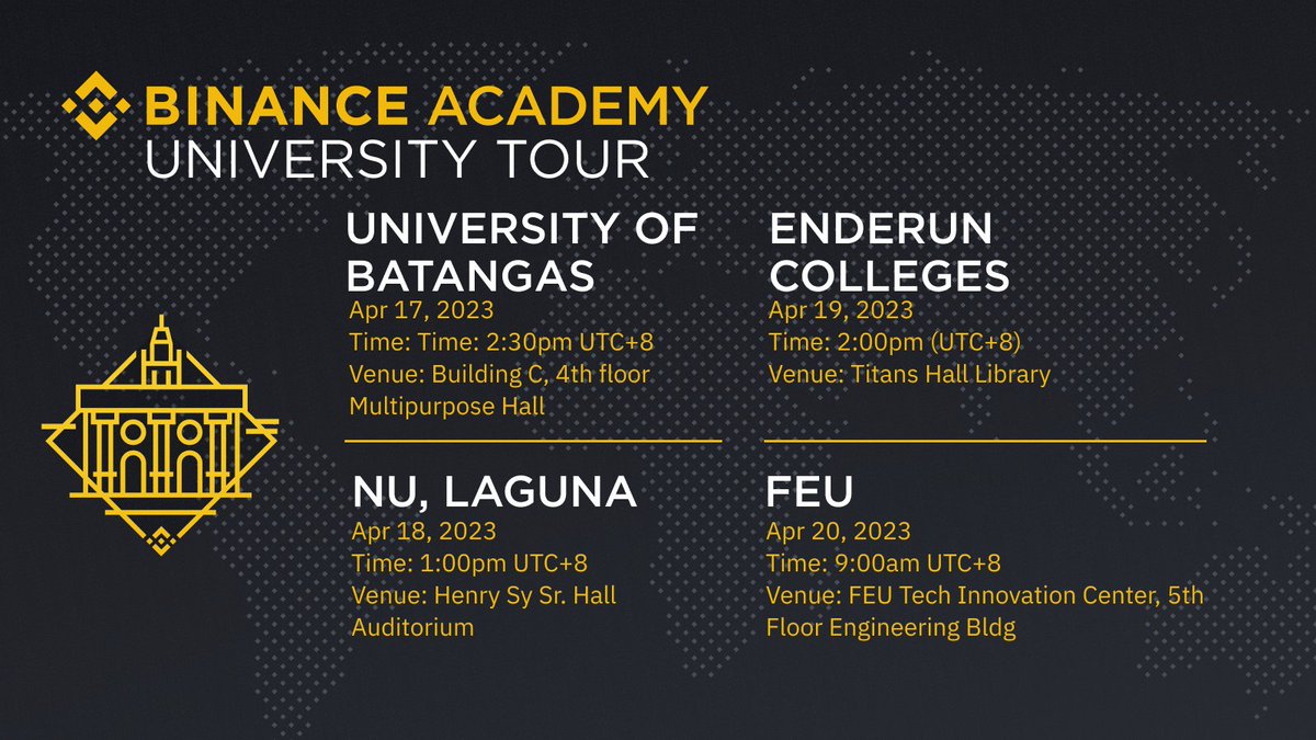 BinanceAcademy's tweet photo. Here’s our #BinanceUniversity Tour schedule for this week  🎉

Join us to learn the basics and more about blockchain technology and Web3, and stand a chance to win some #Binance merch! https://t.co/MXokP2sfn1