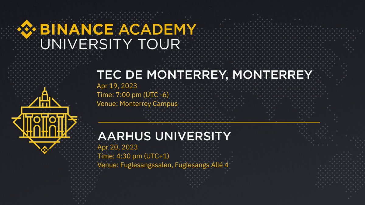 BinanceAcademy's tweet photo. Here’s our #BinanceUniversity Tour schedule for this week  🎉

Join us to learn the basics and more about blockchain technology and Web3, and stand a chance to win some #Binance merch! https://t.co/MXokP2sfn1