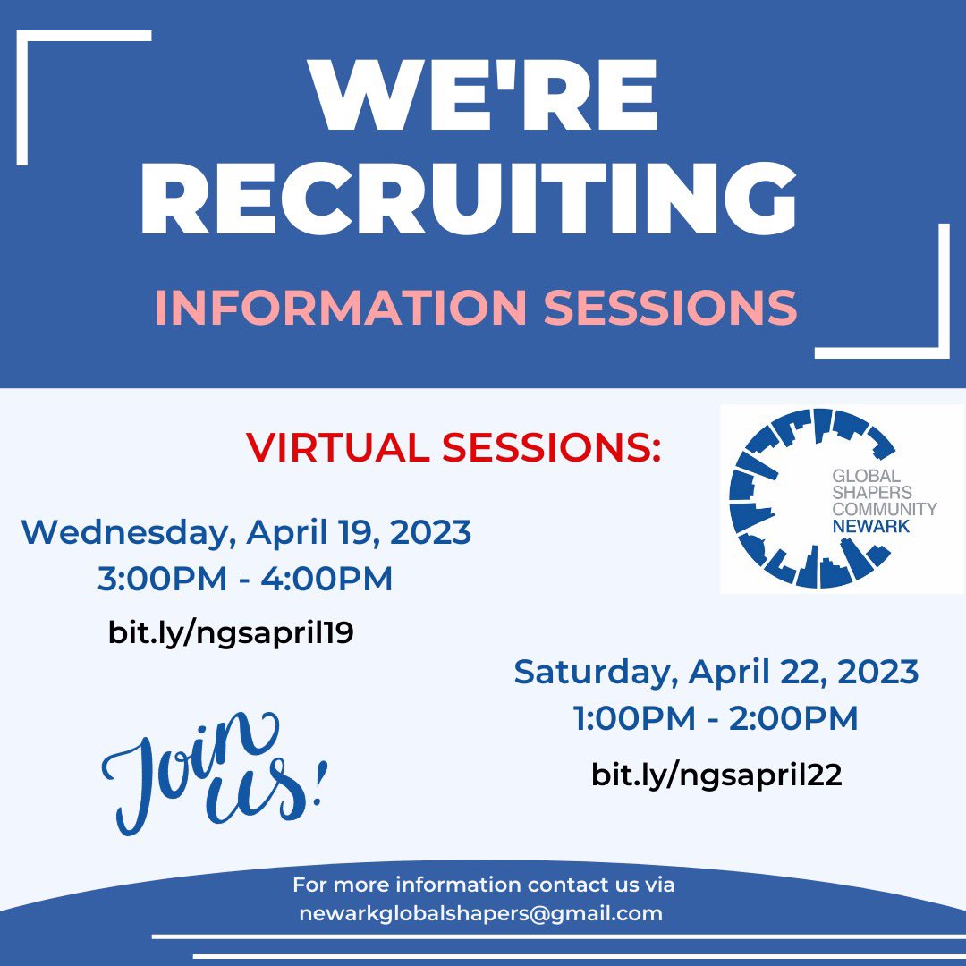 Application EXTENDED ! Interested  in becoming a Newark Global Shaper? There is still time ! Check us out tomorrow and Saturday  at our  last virtual &amp; in person info session. Click the link to sign up 💙 bit.ly/newarkgs #globalshapers #newarkshapers #community