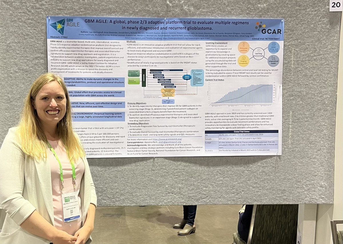 GCAR Associate Clinical Scientist, Emma Viktoria Hyddmark at #AACR23 with the #GBMAGILE clinical trial in progress poster 🧠 #GBM #glioblastoma #clinicaltrial