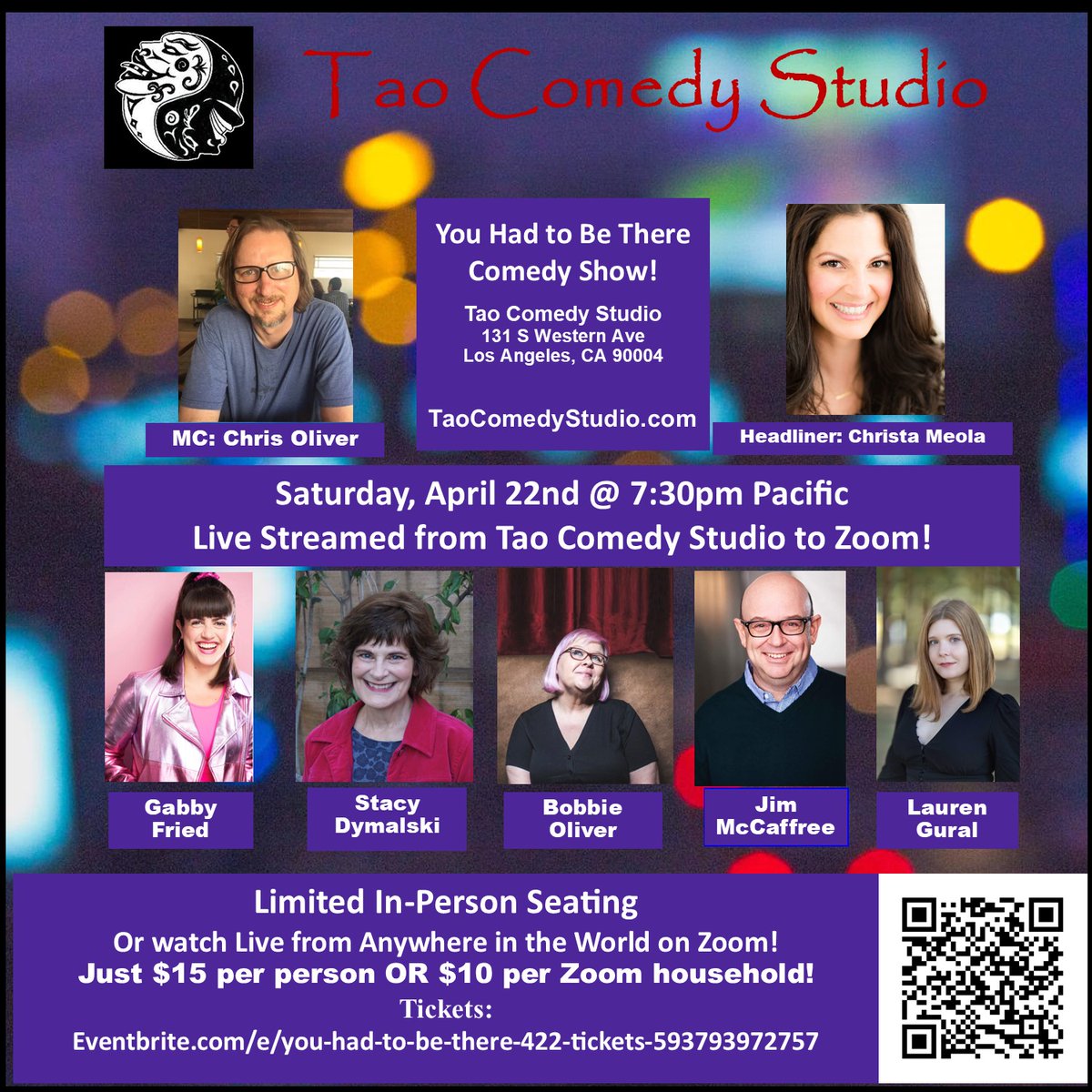 TaoComedyStudio's tweet photo. SATURDAY NIGHT at @TaoComedyStudio! @christameola @StacyWriteNow Jim McCaffree, Gabby Fried, Lauren Gural and @thebobbieoliver! Hosted by @ChrisWoodOliver!!!

Limited in-person tickets, or watch live on ZOOM!
https://t.co/wmW4cyUwYL https://t.co/Uo7BwJGM4p