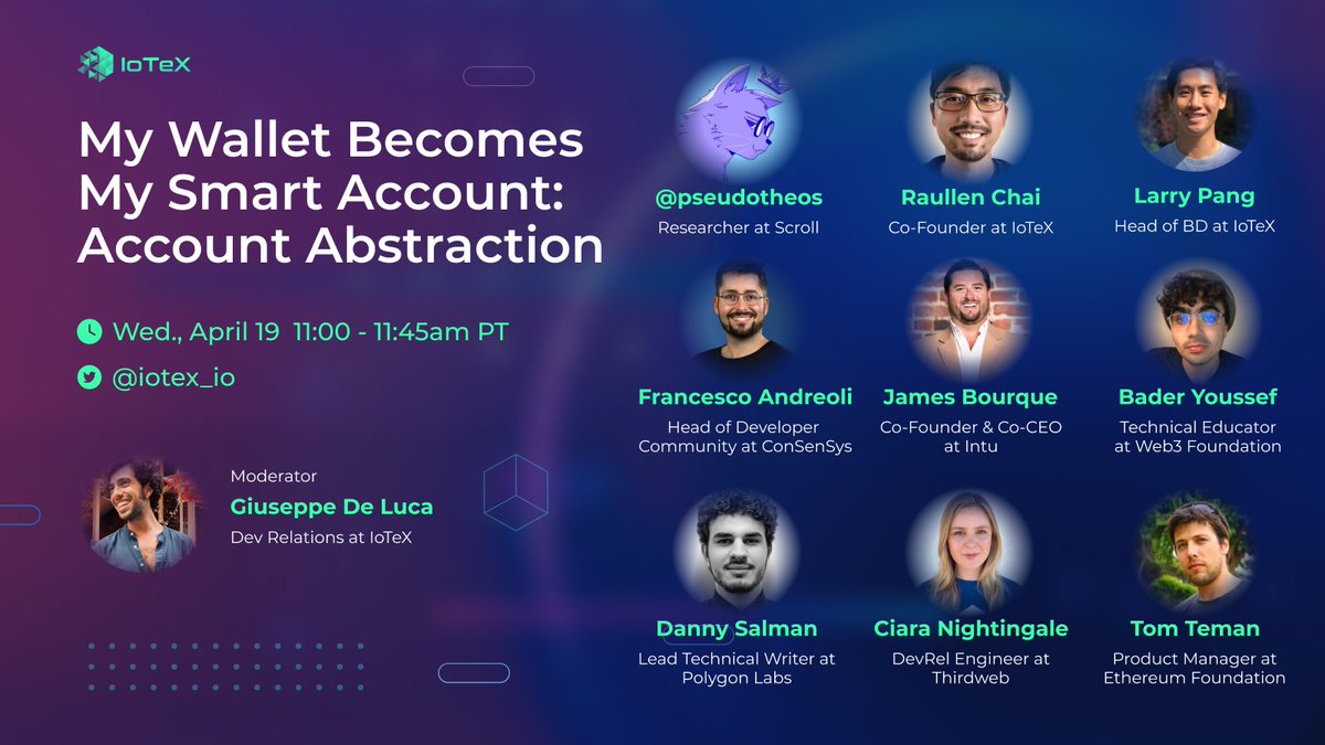 IoTeX (@iotex_io) on Twitter photo 🎙 <a href="/francescoswiss/">Francesco Andreoli | andreolf.ethᵍᵐ</a> of @ConsenSys is joining as a panelist on our Twitter Space on Account Abstraction this Wednesday, April 19th.
Set a reminder here: x.com/i/spaces/1PlKQ… 🎙 <a href="/francescoswiss/">Francesco Andreoli | andreolf.ethᵍᵐ</a> of @ConsenSys is joining as a panelist on our Twitter Space on Account Abstraction this Wednesday, April 19th.
Set a reminder here: x.com/i/spaces/1PlKQ…