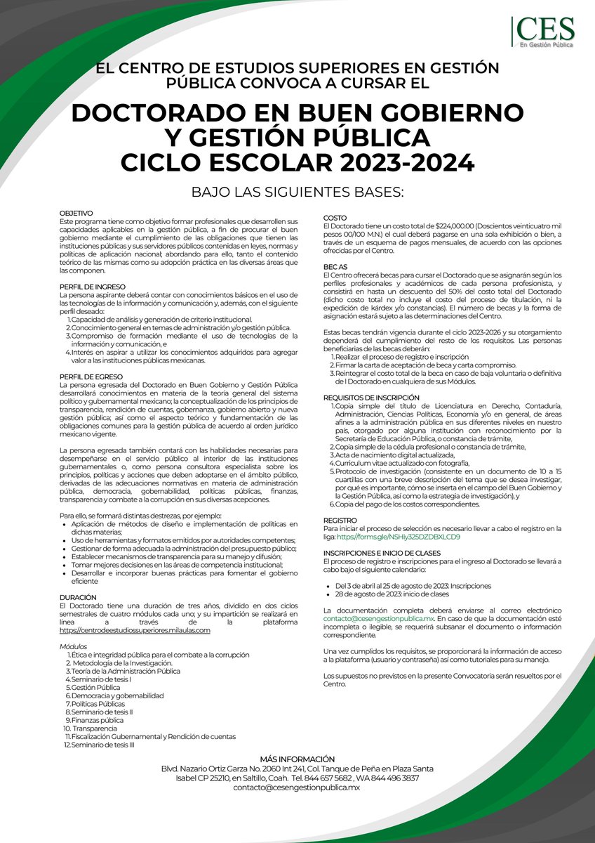 📷📷Convocatoria para cursar el Doctorado en Buen Gobierno y Gestión Pública para el ciclo escolar 2023-2025📷📷
¡Aplica ya! #PosgradosCES #CES