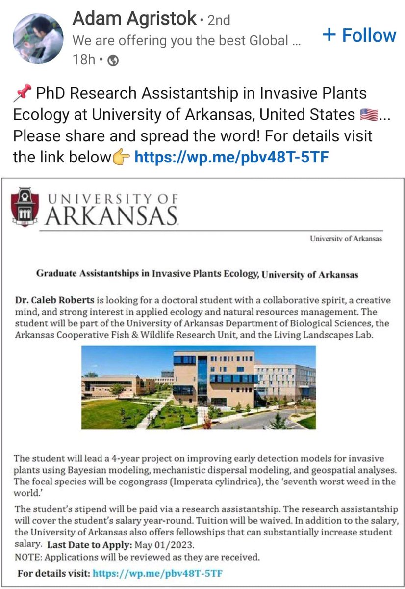 Ph.D. Research Assistantship is available in invasive plants ecology at the University of Arkansas. #PhDposition #universityofarkansas #internationalstudents #researchassistantship