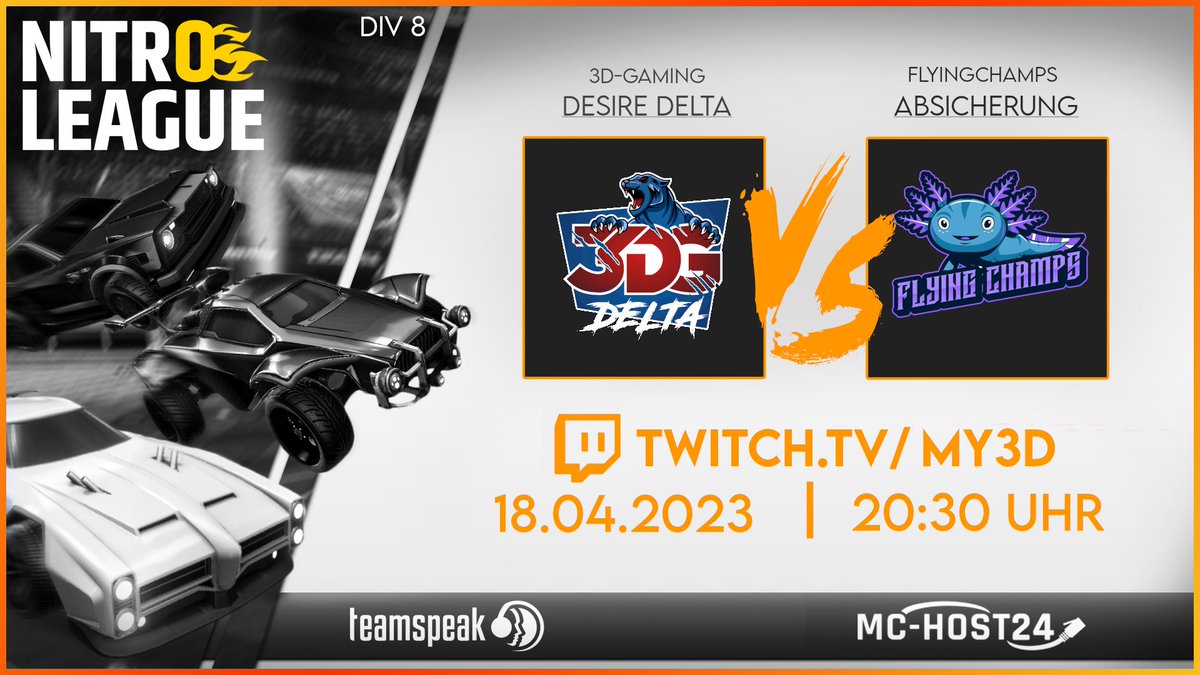 3dg_rl's tweet photo. Dienstag Abend wird gestreamt! 🥳

⚔️ 3DG Desire Delta vs @flying_champs Absicherung
⏱️ Dienstag - 20:30 Uhr
🎙️ SoDerFreddy &amp; MilaSkyfall https://t.co/DO8HgWBSUb

#RocketLeague #esport #TwitchDE #live #stream 
@3dGaming_org @MCHOST24 @teamspeak https://t.co/f08o582TzU